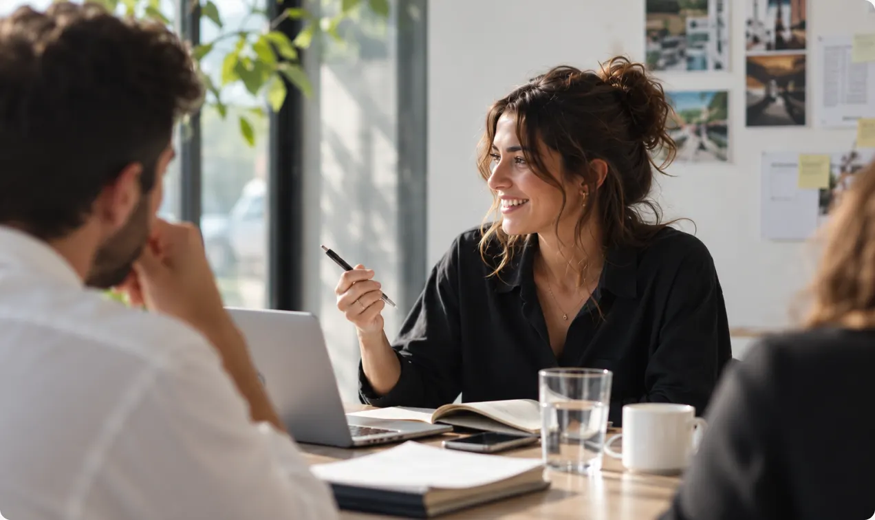 A personal assistant discussing a project with the team in a meeting room
