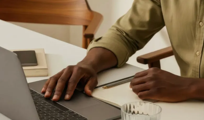 Hands typing on a laptop beside a notebook on a wooden desk